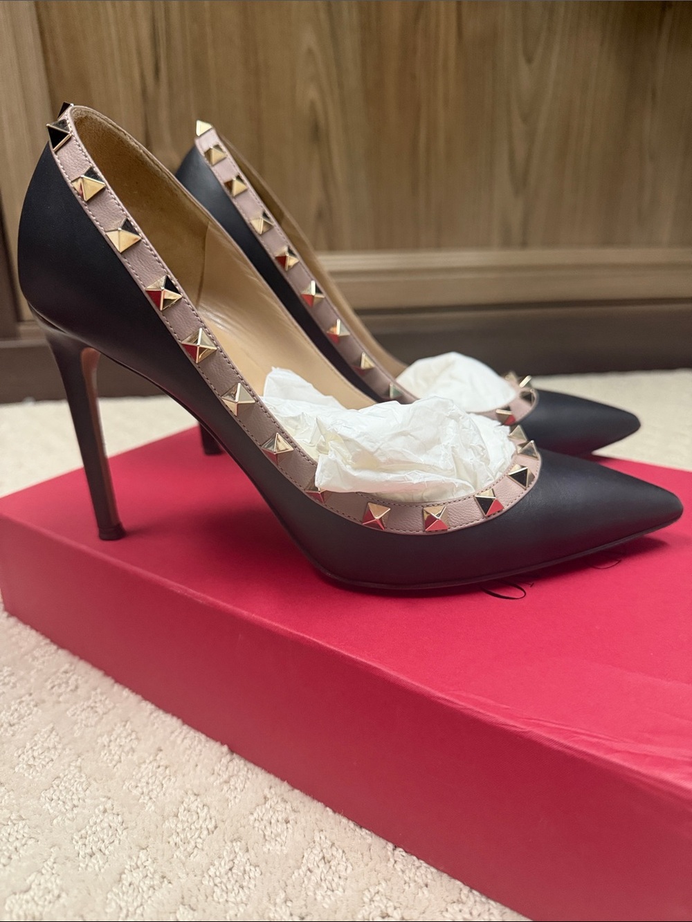 VALENTINO Black Rock Stud Pointed Toe Stiletto Pumps - Size 37.5